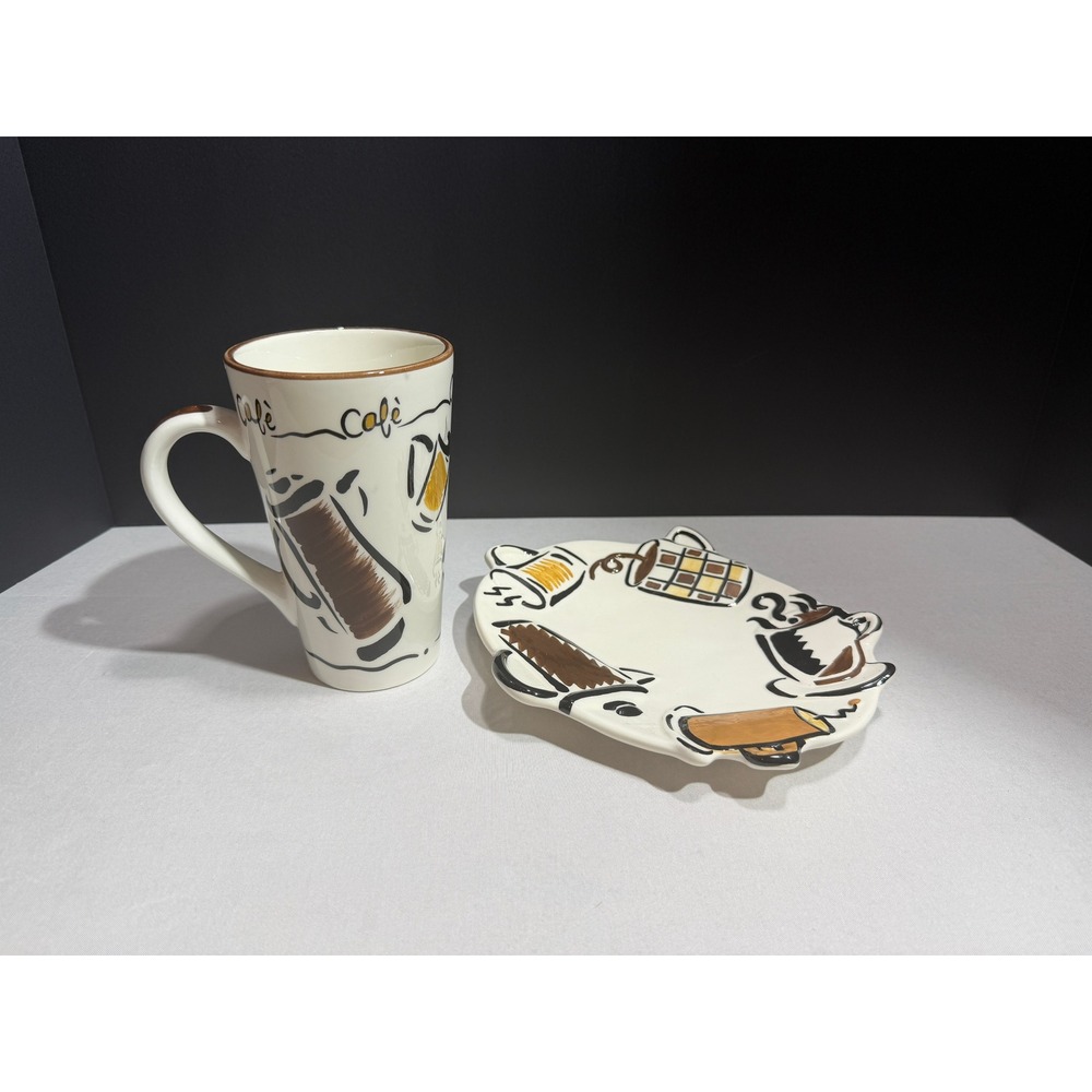 Studio Nova KT550 Cafe Coffee Mug and Snack Plate Set Ceramic Brown Tan Cream